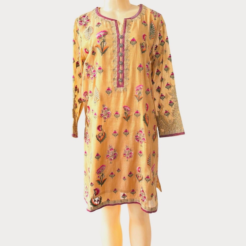 Khaadi Size 12 Embroidered Kurti Tunic Dress Peach Pink Floral Pakistani Boho